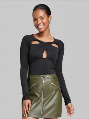 Wild Fable Black Long-Sleeve Draped Bodysuit - Women Tops